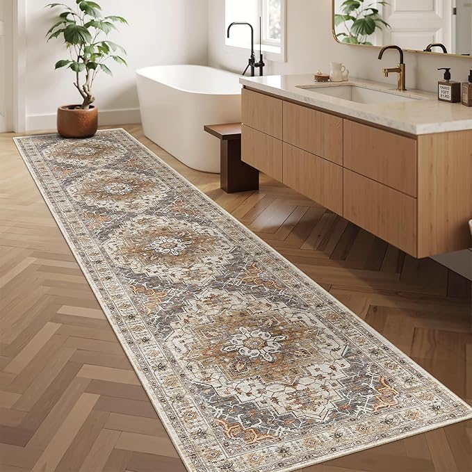 Runner Rugs for Hallway 2x10 Long Washable Non-Slip Hallway Runner Rug Low-Pile Stair Kitchen Runner Throw Carpet for Entrance Living Dining Laundry Room (Turmeric/Grey, 2 x 10)