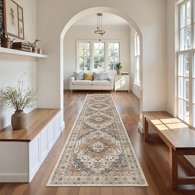 Runner Rugs for Hallway 2x10 Long Washable Non-Slip Hallway Runner Rug Low-Pile Stair Kitchen Runner Throw Carpet for Entrance Living Dining Laundry Room (Turmeric/Grey, 2 x 10)